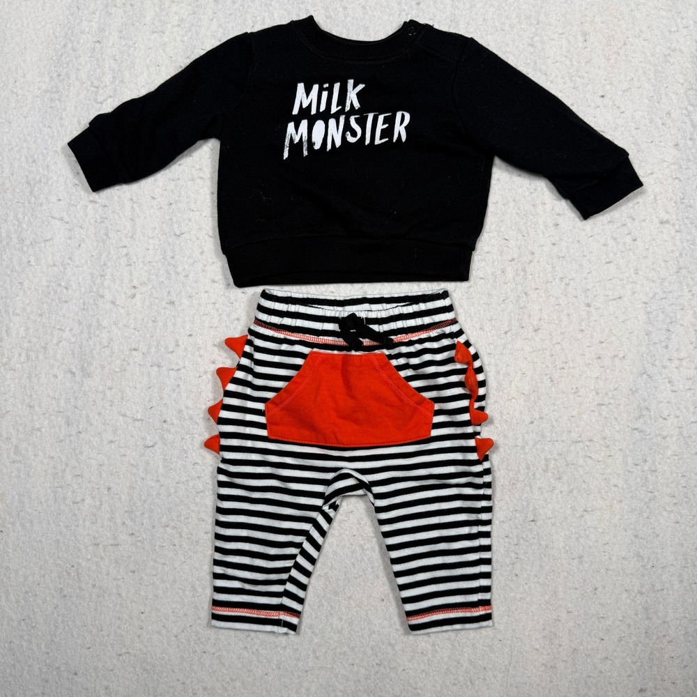 Cat & Jack Baby Milk Monster Sweatshirt and Striped Dino Spike Pants Set 0-3M